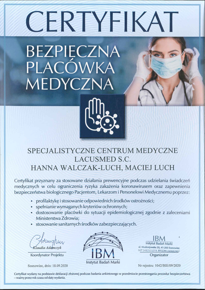 Certyfikat Bezpieczna Placówka Medyczna